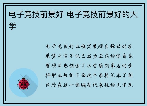 电子竞技前景好 电子竞技前景好的大学